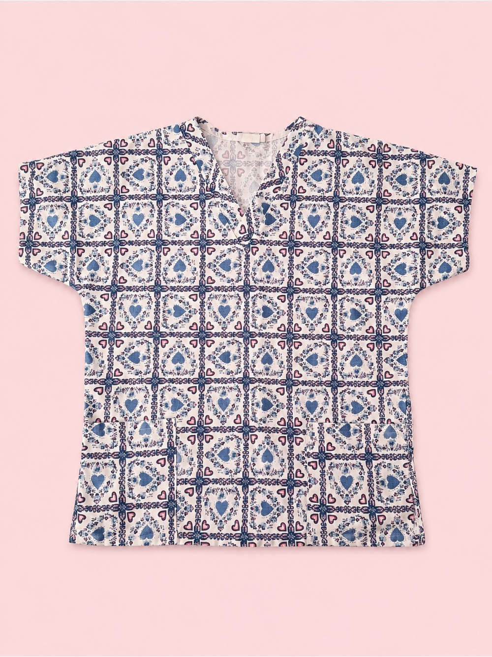 Fundamentals by White Swan Blue & White Tile-Print Scrub Top